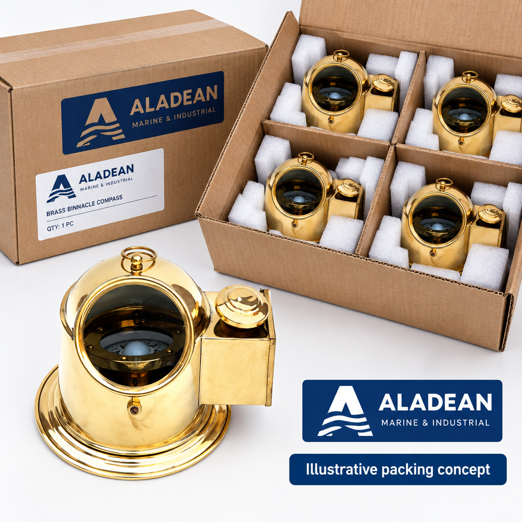 Brass binnacle compasses in an illustrative wholesale packing concept