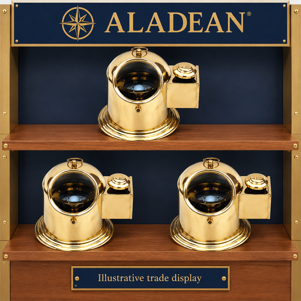 Brass binnacle compasses on an illustrative nautical trade display