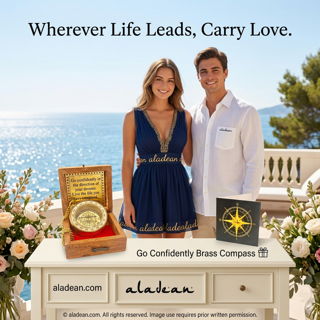 Brass compass gift with engraved cover and wooden box