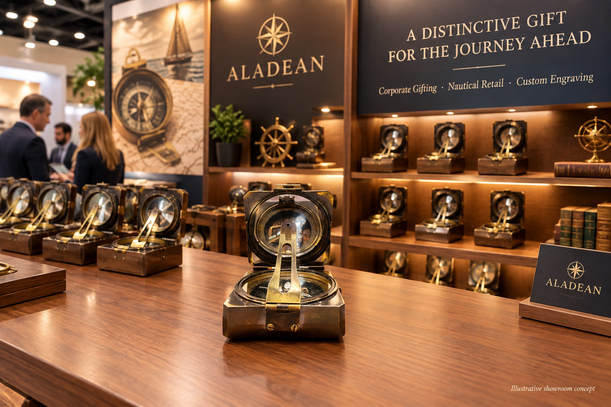 Brass compasses displayed for wholesale corporate gifting and nautical retail buyers