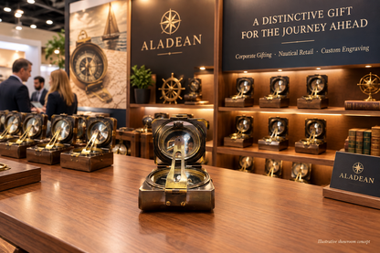 Brass compasses displayed for wholesale corporate gifting and nautical retail buyers