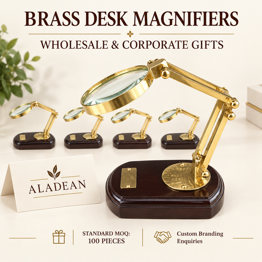 Brass desktop magnifying glass on a wooden base for Aladean wholesale corporate gifts