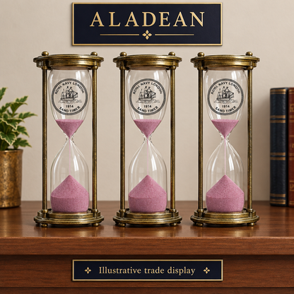 Brass hourglass desk gifts on an illustrative wholesale trade display