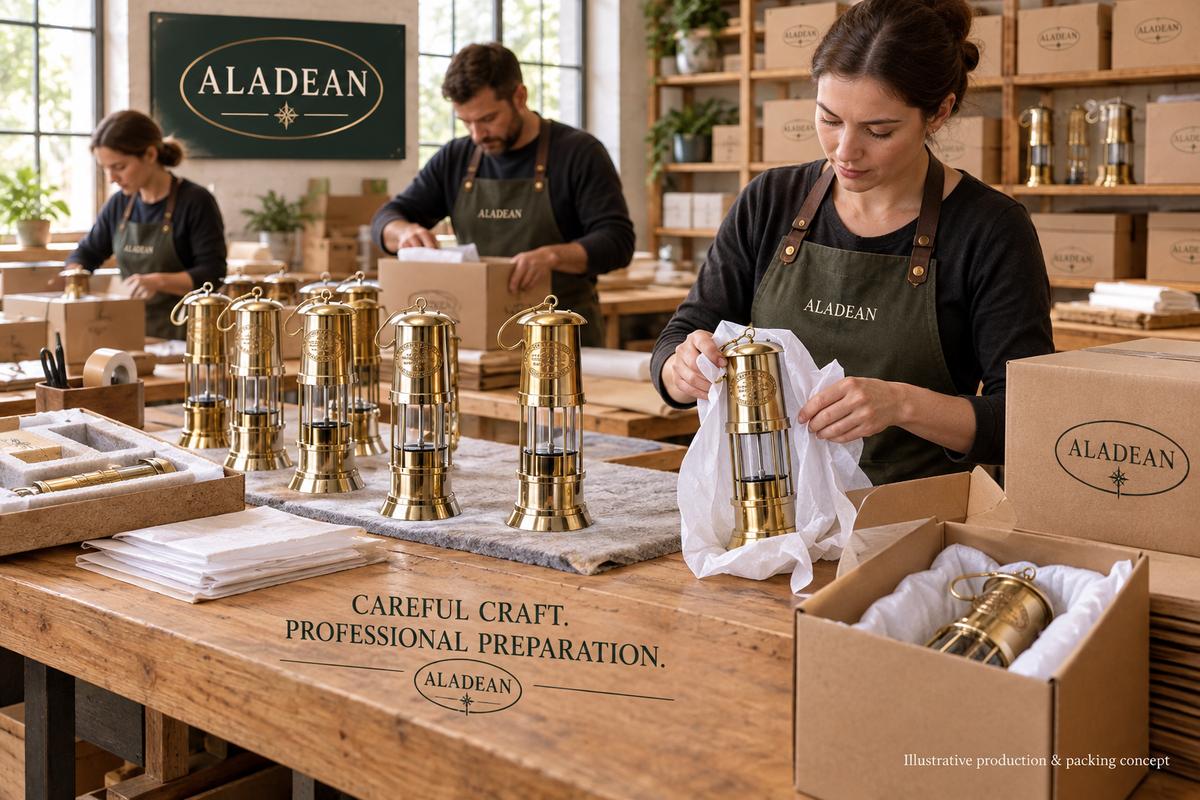 Brass miner lamps with protective packing for bulk wholesale orders