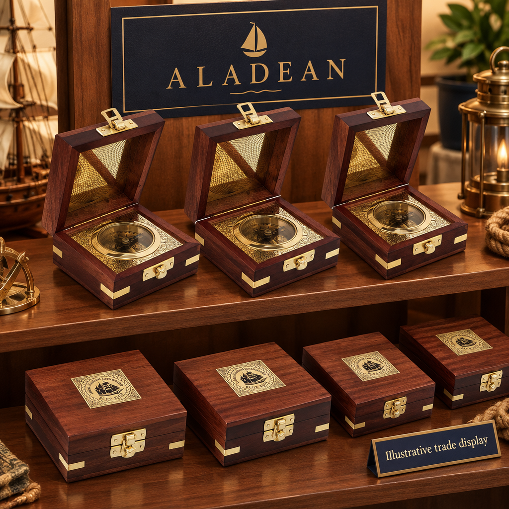 Brass nautical compasses in wooden boxes on a trade display