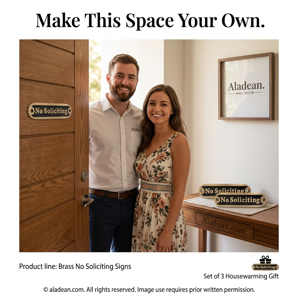 Brass No Soliciting sign housewarming set