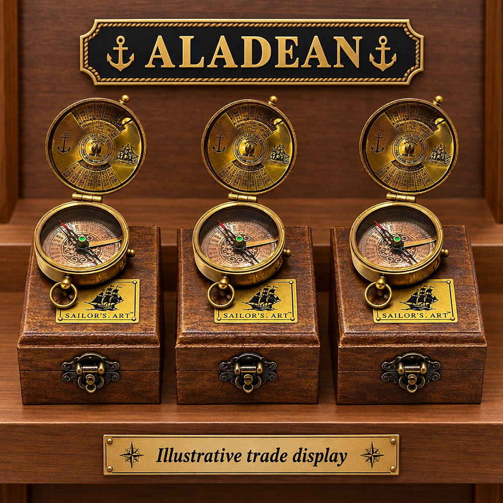 Brass pocket compasses with wooden boxes on an illustrative trade display