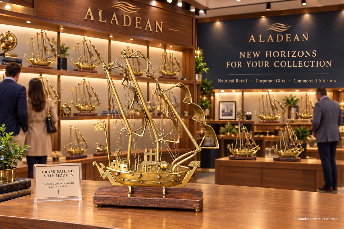 Brass sailing ship models displayed for wholesale retail, corporate gifting and commercial interiors