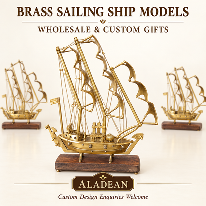 Brass sailing ship models on wooden bases for Aladean wholesale custom nautical gifts