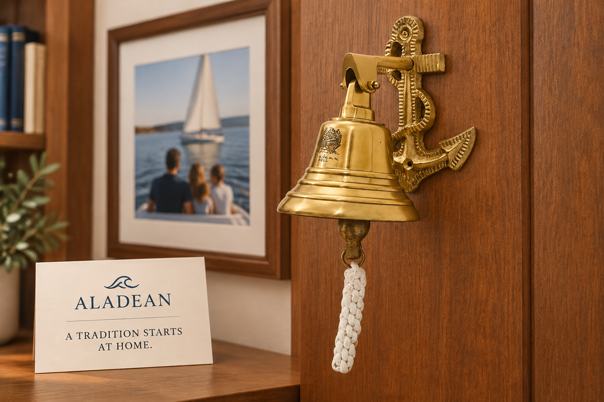 Brass ship bell displayed in a coastal-inspired family home