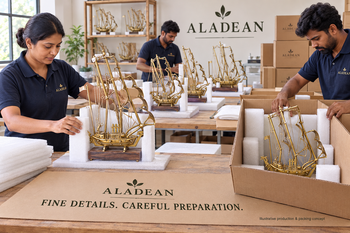 Brass ship models with protected masts and sails prepared for bulk wholesale packing