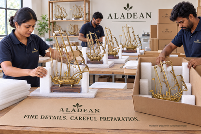 Brass ship models with protected masts and sails prepared for bulk wholesale packing