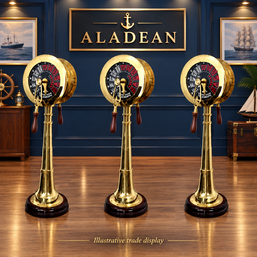 Brass ship telegraphs on an illustrative nautical trade display