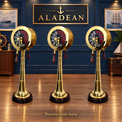 Brass ship telegraphs on an illustrative nautical trade display
