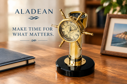 Brass shipwheel clock and compass displayed on a home study desk