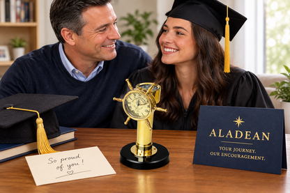 Brass shipwheel clock presented as a thoughtful graduation gift