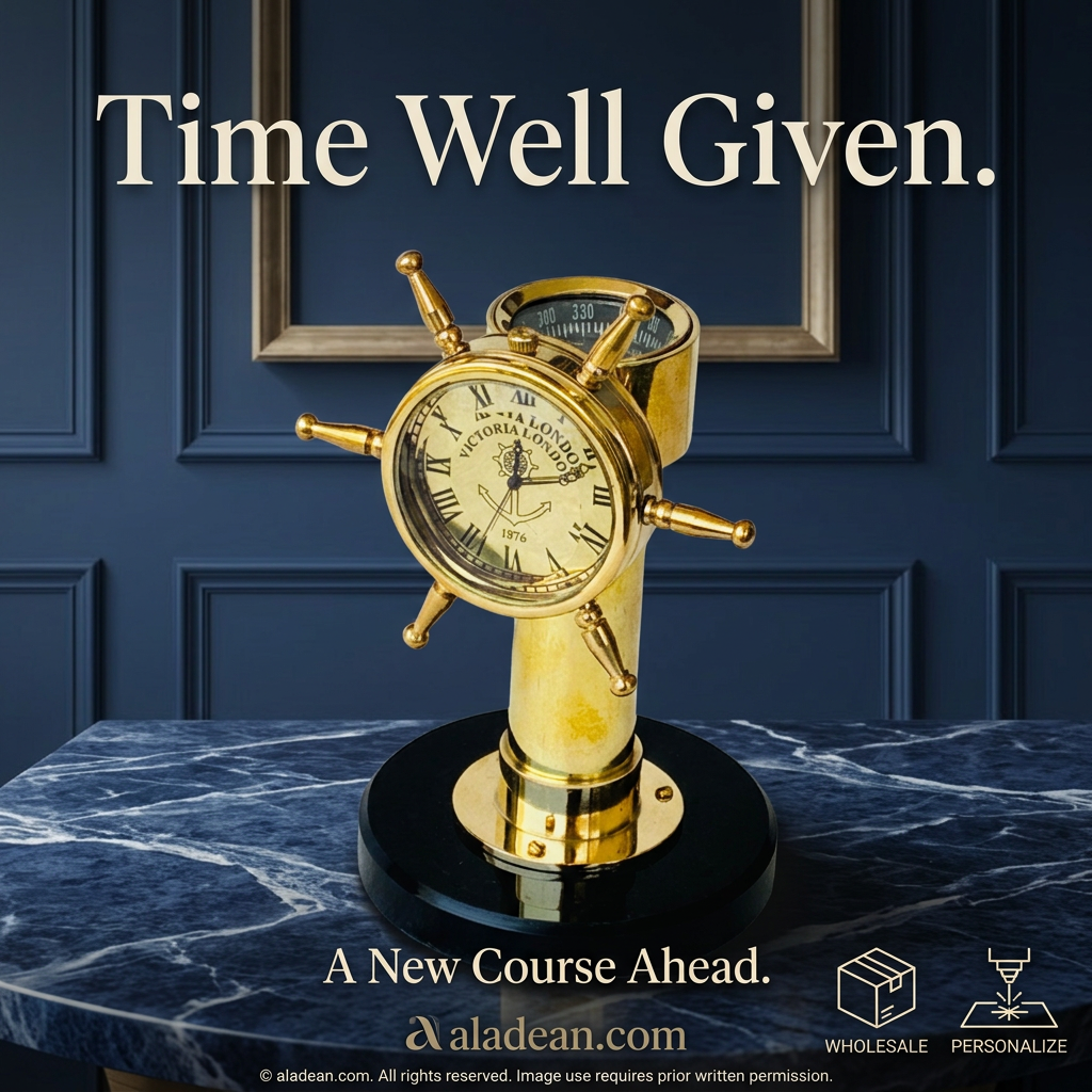 Brass shipwheel desk clock with compass wholesale
