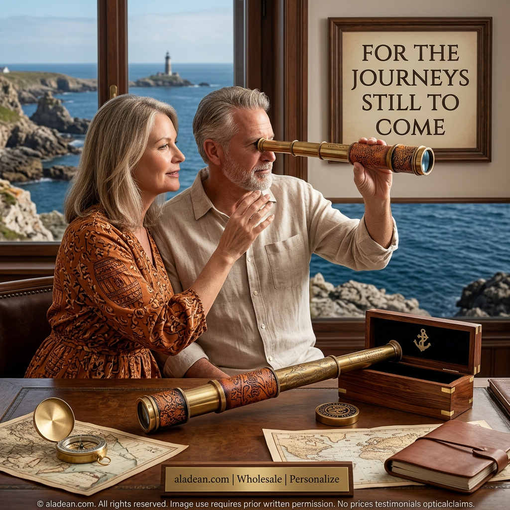 Brass spyglass and anchor wooden box