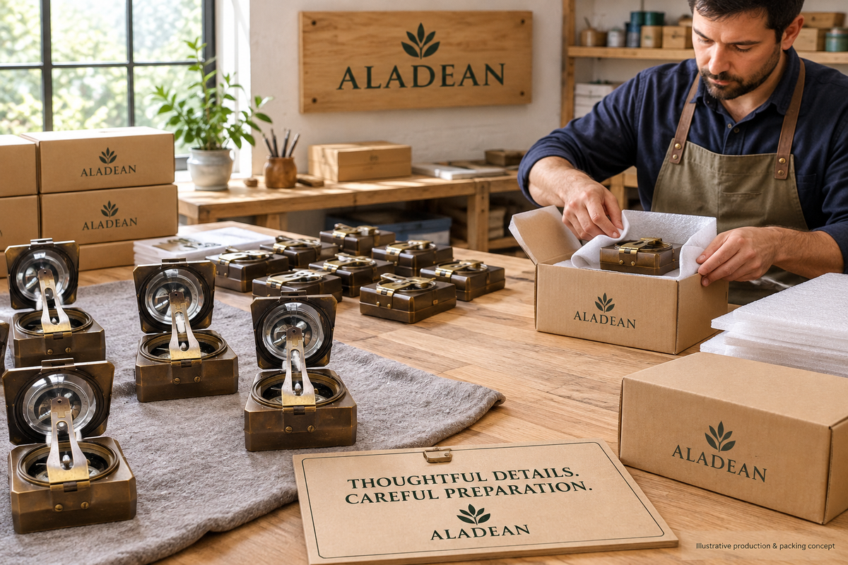 Brass survey-style compasses prepared with protective wrapping for bulk wholesale orders