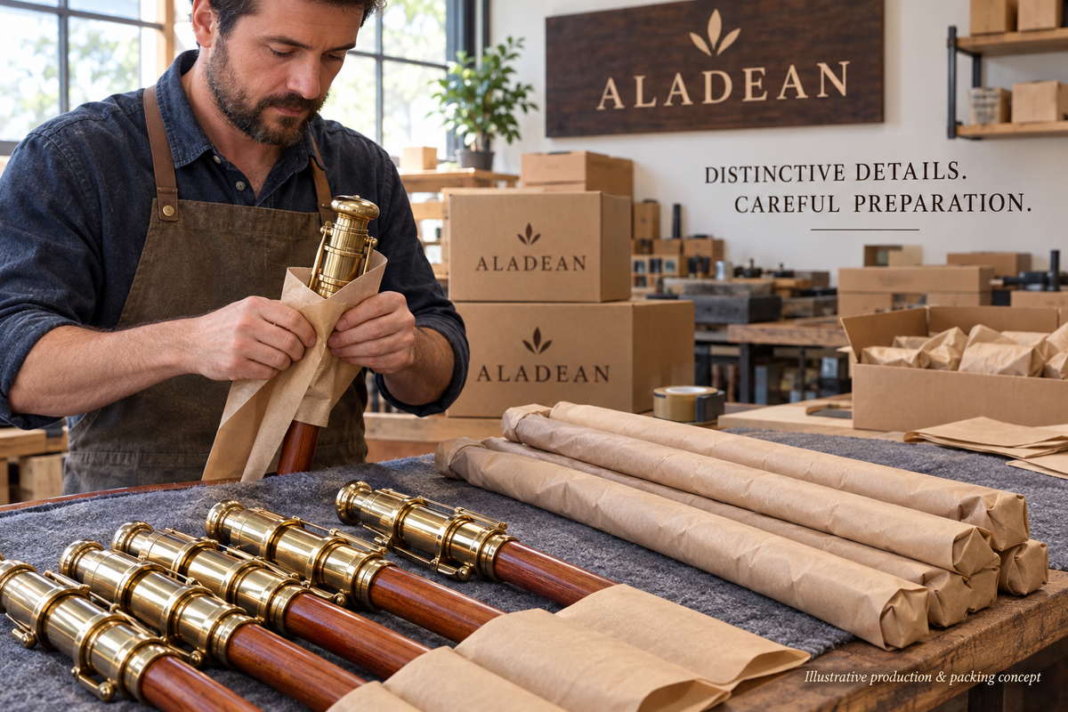 Brass telescope cane handles and wooden shafts prepared with protective wrapping for bulk orders