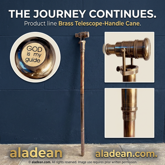 Brass telescope-handle walking cane with faith inscription