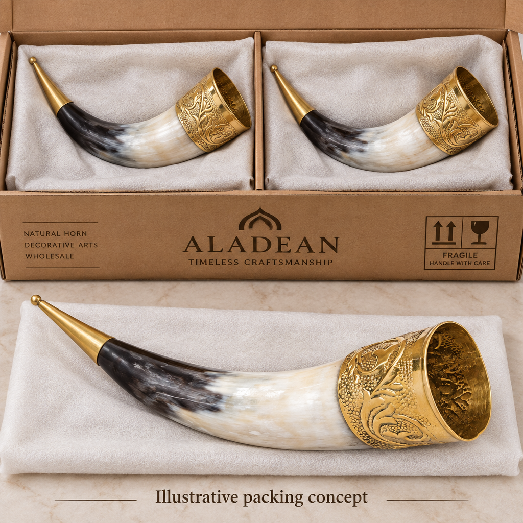 Brass-trimmed Viking horns in an illustrative wholesale packing concept