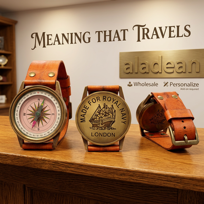 Brass wrist compass showroom advertisement