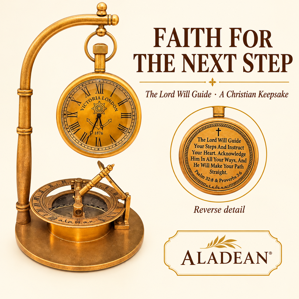 Christian brass desk clock with sundial compass as an Aladean keepsake gift