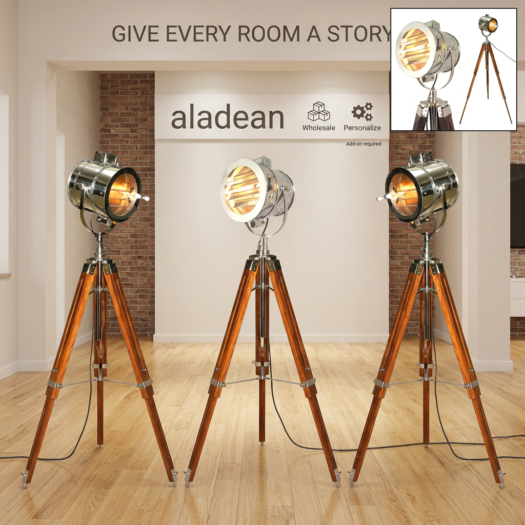 Chrome searchlight floor lamp showroom advertisement
