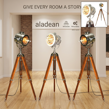 Chrome searchlight floor lamp showroom advertisement