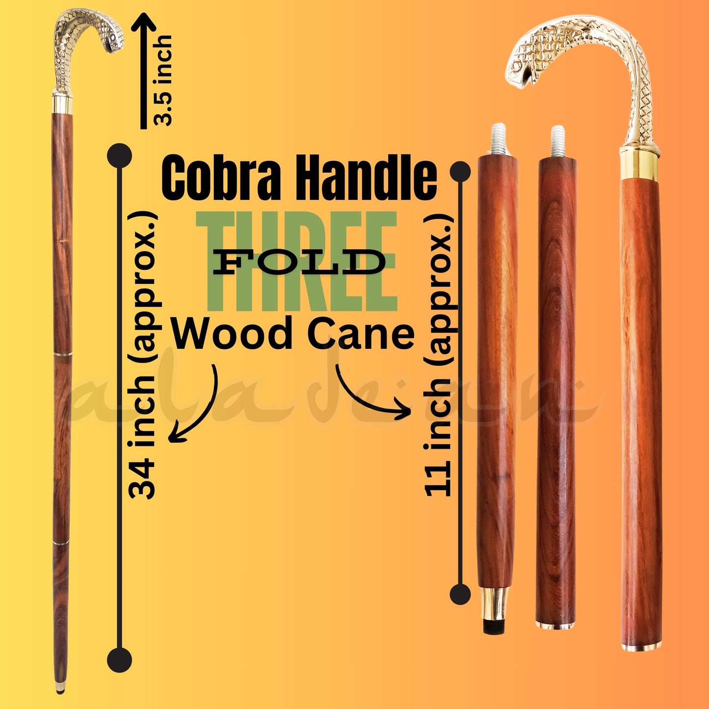 Cobra Snake Head Brass Handle Walking Cane Stick