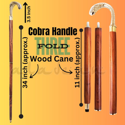 Cobra Snake Head Brass Handle Walking Cane Stick