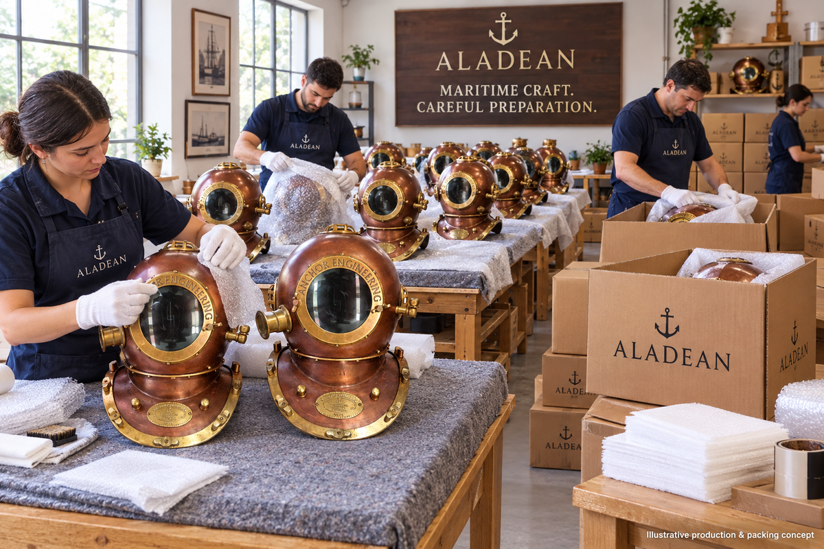 Copper and brass diving helmet reproductions with protective packing for bulk orders