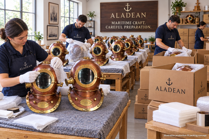 Copper and brass diving helmet reproductions with protective packing for bulk orders