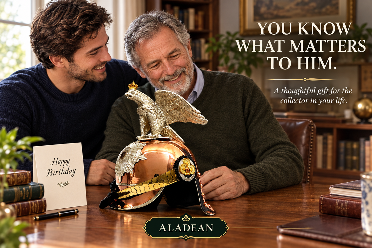 Copper Prussian eagle helmet as a thoughtful gift for a father who collects historical headwear