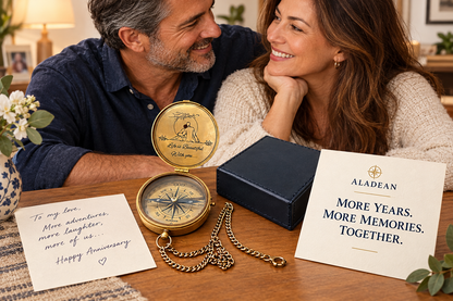 Couple exchanging a romantic brass compass anniversary gift