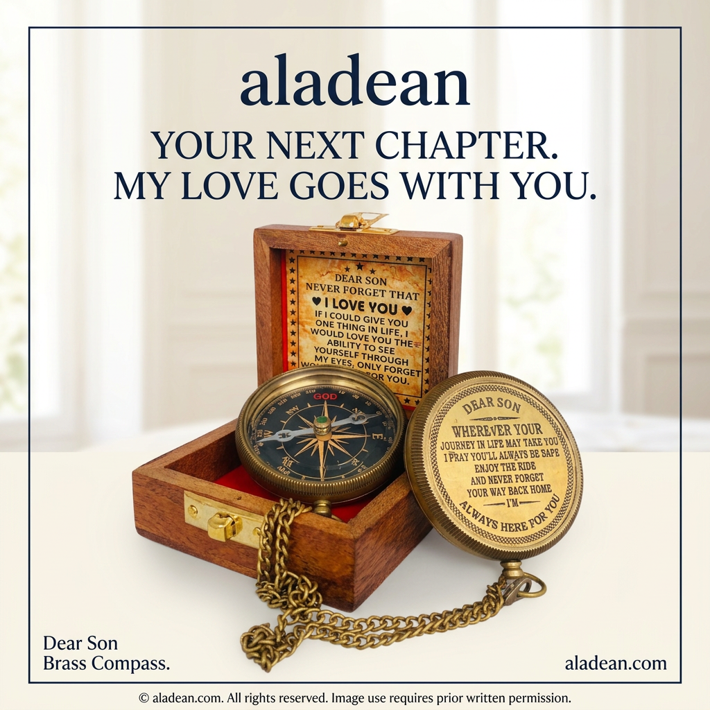Dear Son engraved brass compass with wooden box