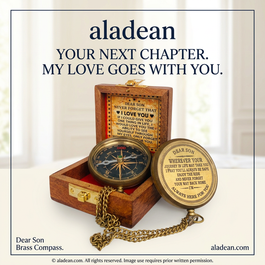 Dear Son engraved brass compass with wooden box