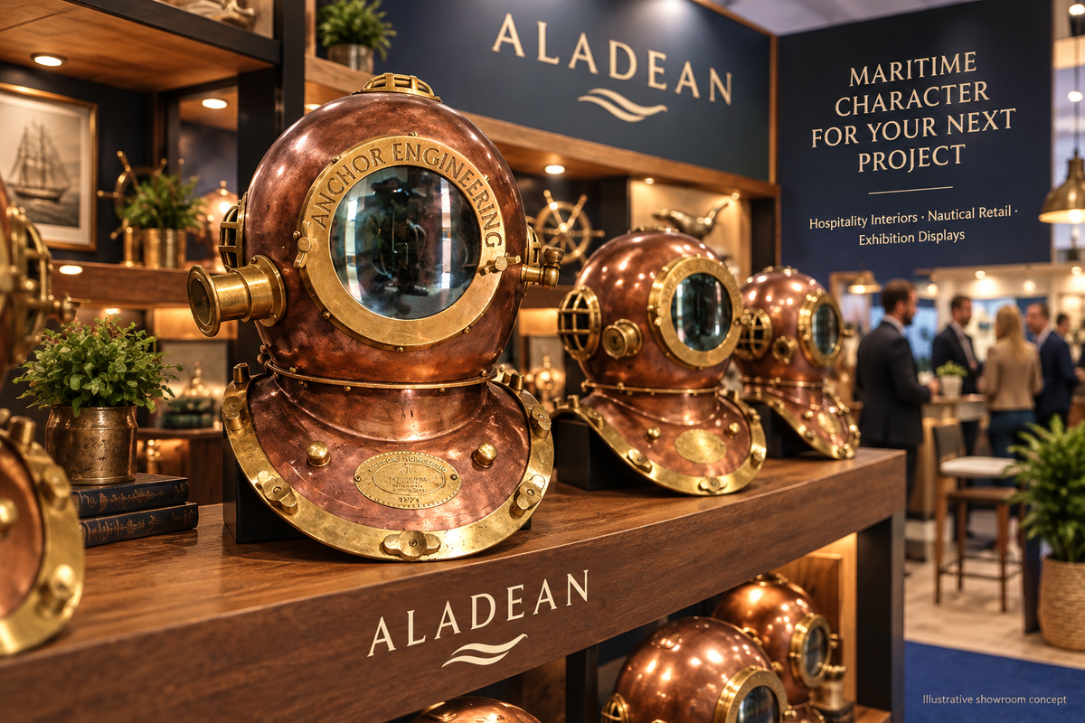 Decorative diving helmets displayed for wholesale hospitality and nautical retail buyers