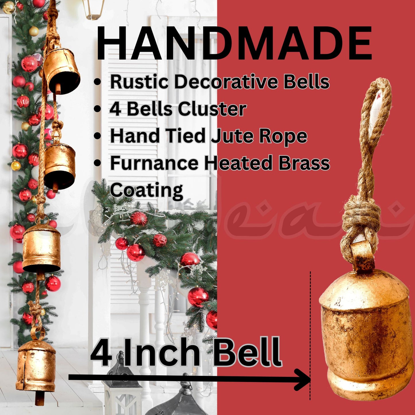 Décoration d'arbre de Noël rustique à suspendre avec cloches shabby chic