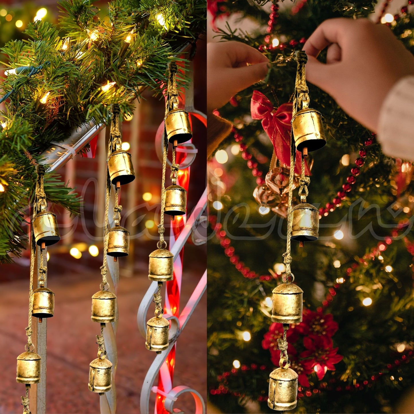 Décoration d'arbre de Noël rustique à suspendre avec cloches shabby chic