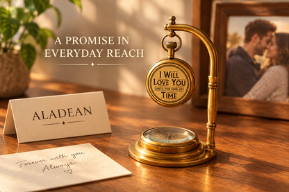Engraved brass clock with “I Will Love You Until the End of Time” displayed on a home desk