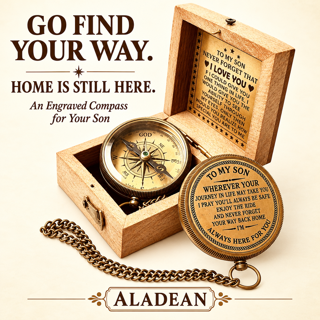 Engraved brass compass with wooden box as an Aladean gift for son from Mom or Dad