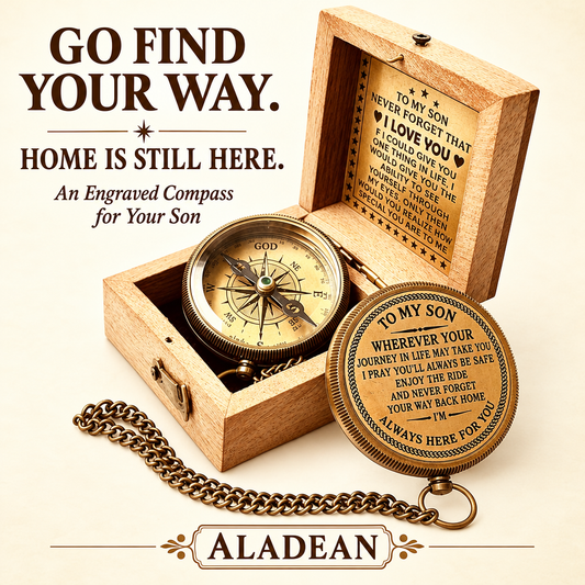 Engraved brass compass with wooden box as an Aladean gift for son from Mom or Dad