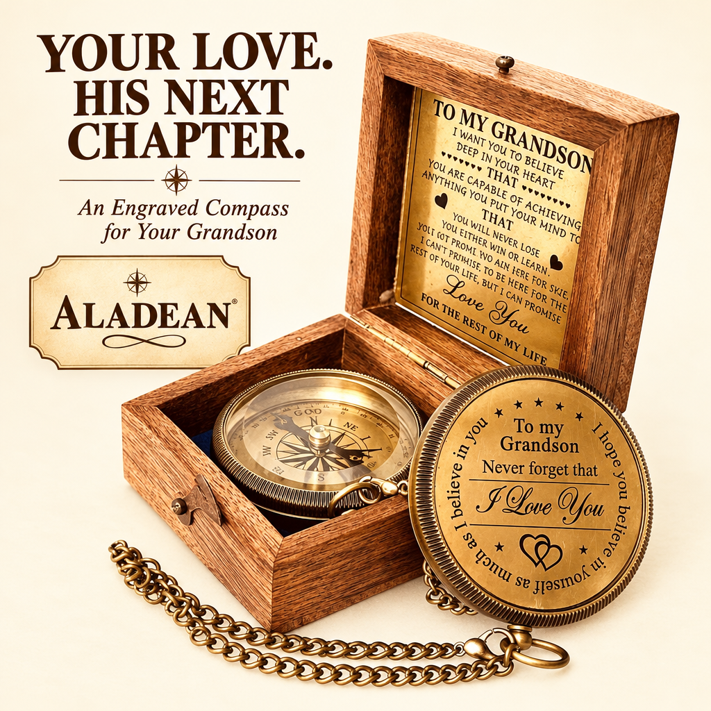 Engraved brass compass with wooden keepsake box as an Aladean gift for grandson