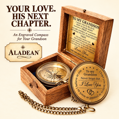 Engraved brass compass with wooden keepsake box as an Aladean gift for grandson