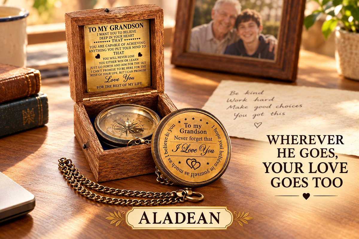 Engraved grandson compass and wooden box displayed beside family memories