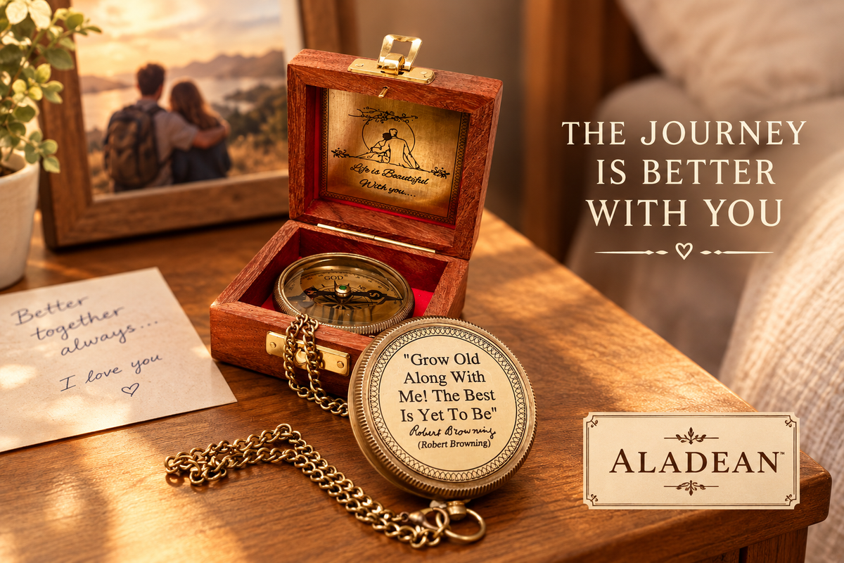 Engraved romantic compass and wooden keepsake box displayed beside shared travel memories