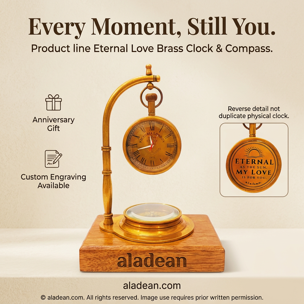 Eternal Love brass table clock with compass