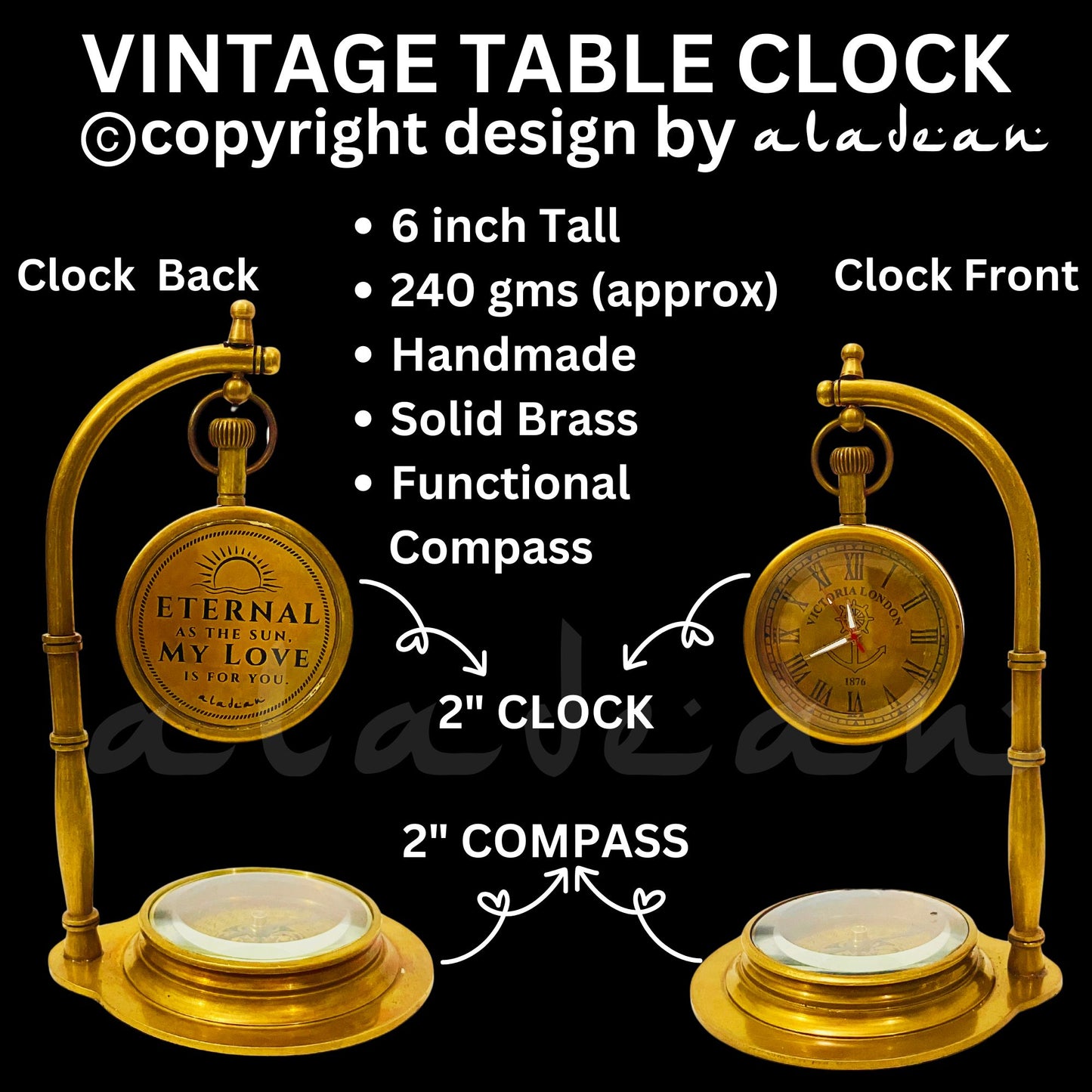 vintage table clock compass engraved romantic quote lovers gift